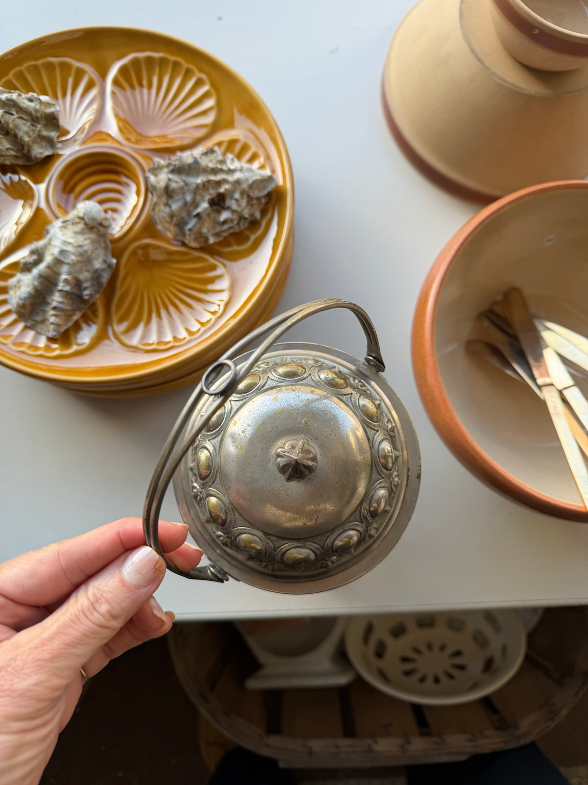 Vintage isterningspand af glas og metal