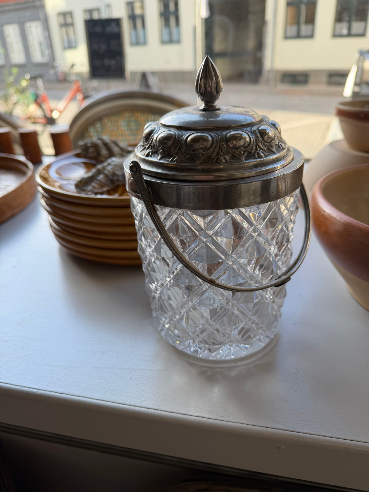 Vintage isterningspand af glas og metal