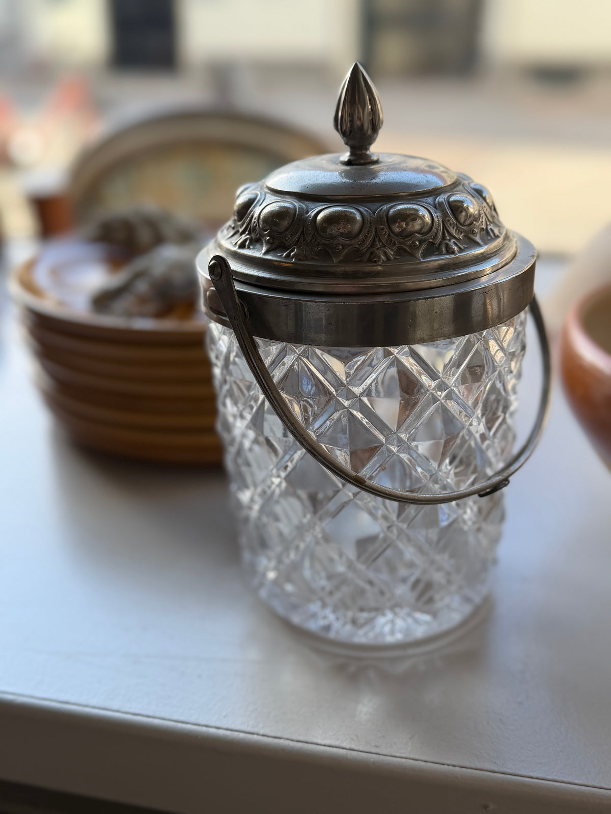 Vintage isterningspand af glas og metal
