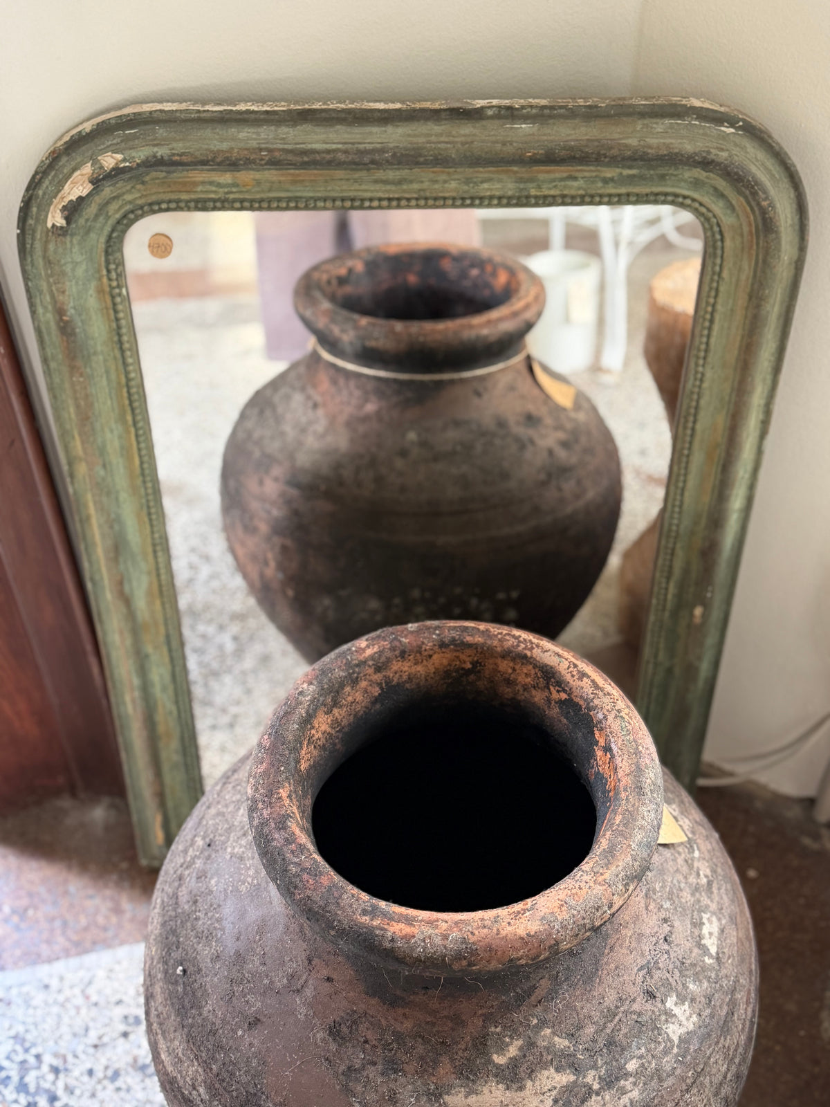 Antik Loius Philippe spejl med grøn- og guldramme hos and-vintage.dk