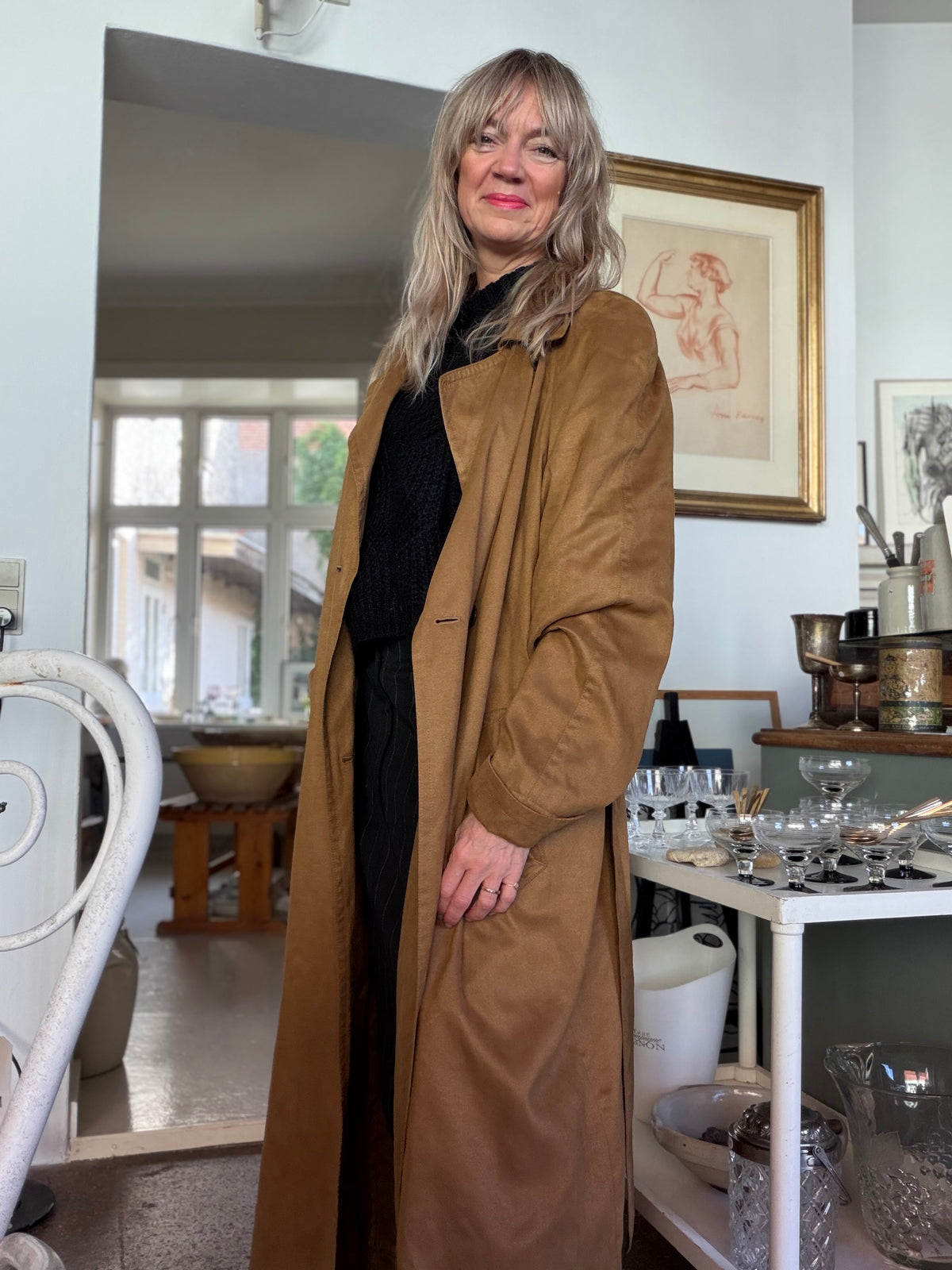 Vintage trenchcoat i cognacfarvet faux suede