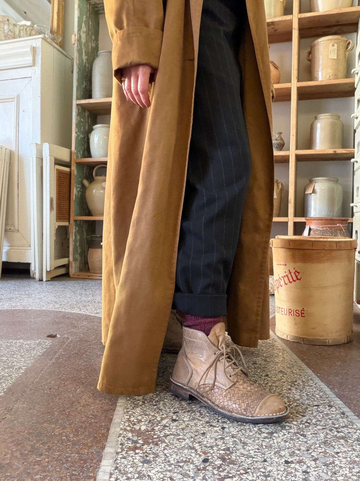 Vintage trenchcoat i cognacfarvet faux suede