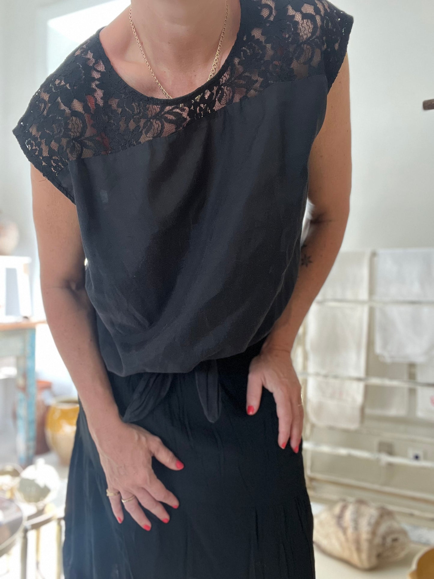 Fransk vintage top m bindebånd