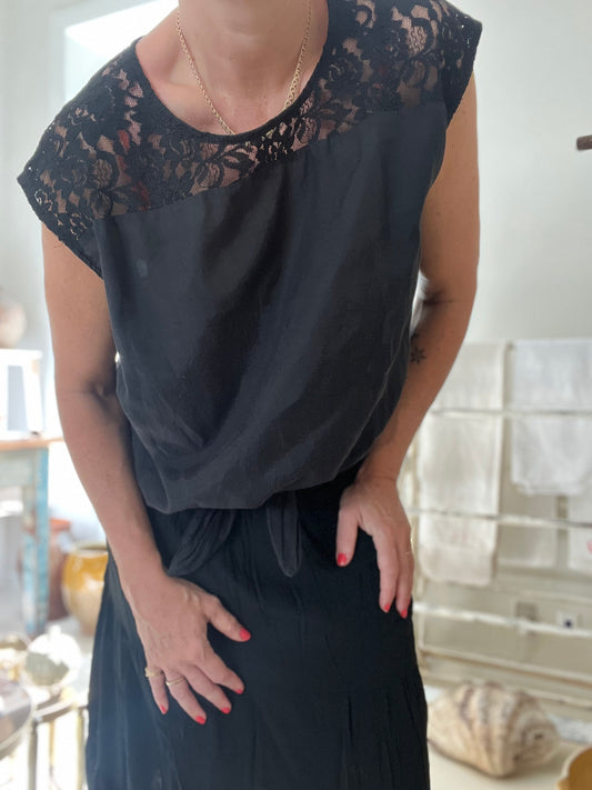 Fransk vintage top m bindebånd